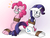 Size: 1500x1150 | Tagged: safe, artist:nivek15, pinkie pie, rarity, earth pony, pony, unicorn, g4, arm behind back, bondage, female, gag, gradient background, mare, ropes, tape gag