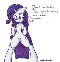 Size: 1122x1148 | Tagged: safe, artist:dsp2003, artist:lovepaddles, rarity, pony, unicorn, semi-anthro, g4, arm hooves, belly button, bipedal, blushing, chest fluff, collaboration, colored, dialogue, dressup game, embarrassed, featureless crotch, female, simple background, solo, we don't normally wear clothes, white background