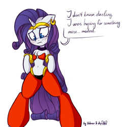 Size: 1122x1148 | Tagged: safe, artist:dsp2003, artist:lovepaddles, rarity, genie, pony, unicorn, semi-anthro, g4, arm hooves, belly button, bipedal, blushing, clothes, collaboration, colored, cosplay, costume, dialogue, dressup game, female, midriff, shantae, shantae (character), simple background, solo, white background