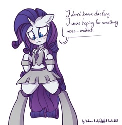 Size: 1122x1148 | Tagged: safe, artist:dsp2003, artist:lalieri, artist:lovepaddles, rarity, pony, unicorn, semi-anthro, g4, arm hooves, belly button, bipedal, blushing, clothes, collaboration, colored, dialogue, dress, dressup game, female, idol, midriff, miniskirt, simple background, skirt, solo, white background