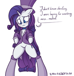 Size: 1122x1148 | Tagged: safe, artist:dsp2003, artist:lalieri, artist:lovepaddles, rarity, pony, unicorn, semi-anthro, g4, arm hooves, belly button, bipedal, blushing, collaboration, colored, dialogue, dressup game, female, magician outfit, simple background, solo, white background