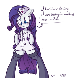 Size: 1122x1148 | Tagged: safe, artist:dsp2003, artist:lovepaddles, rarity, pony, unicorn, semi-anthro, g4, arm hooves, bipedal, blushing, collaboration, colored, cute, dialogue, dressup game, female, nurse outfit, raribetes, simple background, solo, valentine (skullgirls), white background