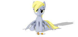 Size: 3250x1560 | Tagged: safe, artist:laughingvexxo, artist:pabbley, derpy hooves, pegasus, pony, g4, 3d, 3d model, downloadable, female, food, frown, hips, mare, mmd, muffin, pose, simple background, sitting, solo, white background