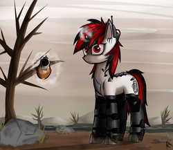 Size: 1500x1300 | Tagged: safe, artist:radinance, artist:thestive19, oc, oc only, oc:blackjack, cyborg, pony, unicorn, fallout equestria, fallout equestria: project horizons, amputee, cybernetic legs, fanfic, fanfic art, female, glowing horn, gun, hooves, horn, level 2 (project horizons), levitation, magic, mare, shooty look, small horn, solo, telekinesis, wasteland, weapon