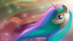 Size: 1920x1080 | Tagged: safe, artist:bcrich40, princess celestia, pony, g4, bust, female, portrait, solo, wallpaper, windswept mane