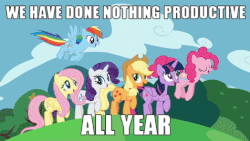 Size: 476x268 | Tagged: safe, edit, edited screencap, screencap, applejack, fluttershy, pinkie pie, rainbow dash, rarity, twilight sparkle, alicorn, earth pony, pony, unicorn, all bottled up, g4, season 7, animated, autumn, best friends until the end of time, caption, clothes, cute, female, flying, four seasons, gif, gif with captions, grin, hat, i have done nothing productive all day, image macro, mane six, mare, meme, open mouth, perfect loop, pronking, raised hoof, raised leg, scarf, smiling, spring, summer, sunglasses, talking, time-lapse, trotting, twilight sparkle (alicorn), winter