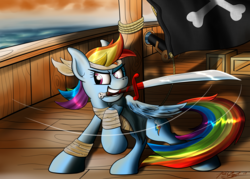 Size: 4200x3000 | Tagged: safe, artist:raptorpwn3, idw, rainbow dash, pony, g4, cannon, female, high res, mouth hold, pirate, pirate dash, ship, solo, sword, weapon