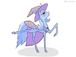 Size: 800x600 | Tagged: safe, artist:oldteaowl, trixie, pony, g4, blushing, cape, clothes, female, hat, raised hoof, raised leg, solo, trixie's cape, trixie's hat