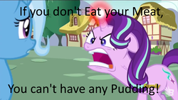Size: 2560x1440 | Tagged: safe, edit, edited screencap, screencap, starlight glimmer, trixie, pony, unicorn, all bottled up, g4, angry, female, food, image macro, mare, meat, meme, pink floyd, pudding, ragelight glimmer, song reference, the wall, vein, vein bulge