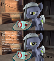 Size: 1920x2165 | Tagged: safe, artist:kmg0047, limestone pie, pony, 3d, ask, cake, female, food, fork, solo, tumblr