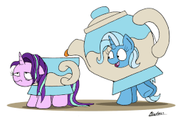 Size: 800x527 | Tagged: safe, artist:bobthedalek, edit, edited edit, editor:totallynotanoob, starlight glimmer, trixie, pony, unicorn, all bottled up, g4, animated, clothes, costume, cup, cute, diatrixes, drink, drink costume, female, food, food costume, funny, gif, happy, mare, simple background, starlight glimmer is not amused, stressed, tea, tea costume, teacup, teacup costume, teapot, teapot costume, that pony sure does love teacups, unamused, white background