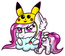 Size: 1024x889 | Tagged: safe, artist:saturnstar14, oc, oc only, oc:comfy dove, pikachu, chibi, cute, outline, pillow, pokemon hat, pokémon