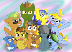 Size: 3300x2401 | Tagged: safe, artist:crazynutbob, quibble pants, oc, oc:barkin orders, oc:crash course, oc:drumbeat, oc:midnight howl, oc:ringaling, oc:rounda applause, oc:standin soapbox, oc:victory screech, oc:weeping willow, g4, baby, big family, braces, colt, diaper, family photo, female, filly, foal, hair over eyes, hair over one eye, head tilt, hidden eyes, high res, male, missing teeth, multicolored hair, sunglasses, younger