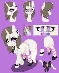 Size: 973x1200 | Tagged: safe, artist:symphstudio, oc, oc only, oc:cookie crumb, pony, unicorn, clothes, female, magic, mare, reference sheet, simple background, socks, solo, striped socks