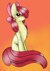 Size: 1024x1471 | Tagged: safe, artist:leyume, apple bloom, earth pony, pony, g4, adorabloom, cute, female, filly, gradient background, red hair, red tail, sitting, solo, yellow fur