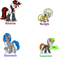 Size: 6683x6450 | Tagged: safe, oc, oc only, oc:blackjack, oc:homage, oc:littlepip, oc:puppysmiles, cyborg, earth pony, pony, unicorn, fallout equestria, absurd resolution, chaos, clothes, cutie mark, fanfic, fanfic art, female, filly, foal, glowing horn, gun, handgun, hazmat suit, hooves, horn, jumpsuit, khorne, levitation, little macintosh, magic, mare, microphone, nurgle, optical sight, pipbuck, revolver, saddle bag, show accurate, simple background, slaanesh, telekinesis, text, tzeentch, vault suit, warhammer (game), warhammer 40k, weapon, white background