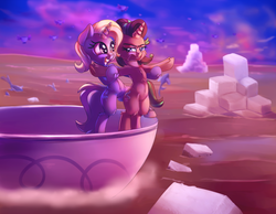 Size: 2000x1555 | Tagged: safe, artist:discorded, starlight glimmer, trixie, pony, unicorn, all bottled up, g4, season 7, armpits, belly button, bipedal, cup, duo, female, mare, movie reference, smiling, starlight glimmer is not amused, sugarcube, teacup, titanic, trixie's puppeteering, unamused