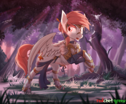 Size: 1359x1125 | Tagged: safe, artist:redchetgreen, oc, oc only, oc:elizabeth, pegasus, pony, armor, clothes, forest, grass, looking back, solo, tree