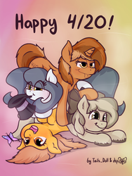 Size: 600x800 | Tagged: safe, artist:dsp2003, artist:lalieri, oc, oc only, oc:hattsy, oc:meadow stargazer, oc:sign, oc:stone, butterfly, earth pony, pony, unicorn, 420, female, hat, high, open mouth, stoned, top hat
