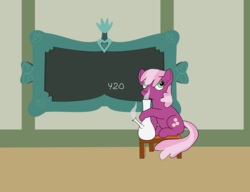 Size: 1415x1087 | Tagged: safe, artist:planetkiller, cheerilee, earth pony, pony, g4, 420, bong, chalkboard, dock, drugs, female, looking up, marijuana, solo