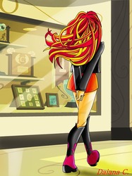 Size: 800x1067 | Tagged: safe, artist:8lunabianca8, sunset shimmer, equestria girls, g4, basketball, beautiful, boots, clothes, cute, female, football, hands behind back, high heel boots, jacket, leather jacket, legs, rear view, skirt, solo, trophy, walking, watermark