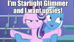 Size: 902x508 | Tagged: safe, edit, edited screencap, screencap, starlight glimmer, trixie, pony, unicorn, all bottled up, season 7, animated, cute, diatrixes, duo, female, floppy ears, frown, gif, glare, hoof hold, image macro, inconvenient trixie, looking at you, loop, mare, meme, open mouth, personal space invasion, smiling, spread arms, starlight glimmer is not amused, trixie's puppeteering, unamused, upsies
