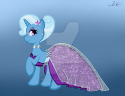 Size: 600x464 | Tagged: safe, artist:missanimegrl, trixie, pony, unicorn, g4, alternate hairstyle, choker, clothes, dress, ear piercing, earring, eyeshadow, female, gradient background, hair ornament, jewelry, looking back, makeup, piercing, raised hoof, smiling, solo