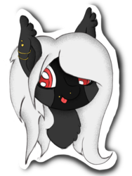 Size: 768x1024 | Tagged: safe, artist:missklang, oc, oc only, earth pony, pony, vampire, black coat, bust, colored pupils, ear fluff, ear piercing, earring, edgy, female, jewelry, mare, piercing, portrait, smiling, solo, sticker, white hair