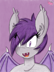 Size: 1536x2048 | Tagged: safe, artist:missklang, oc, oc only, oc:nolegs, bat pony, anthro, anthro oc, ear fluff, fangs, female, mare, purple hair, smiling