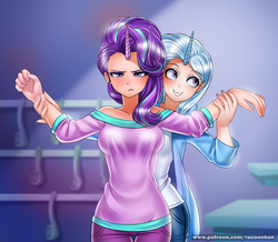 Size: 900x786 | Tagged: safe, artist:racoonsan, starlight glimmer, trixie, human, all bottled up, g4, season 7, breasts, busty starlight glimmer, cute, diatrixes, duo, duo female, female, frown, glimmerbetes, grin, grumpy, horn, horned humanization, humanized, scene interpretation, smiling, starlight glimmer is not amused, trixie's puppeteering, unamused