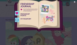 Size: 1419x823 | Tagged: safe, screencap, applejack, fluttershy, owlowiscious, pinkie pie, rainbow dash, rarity, tank, twilight sparkle, winona, equestria girls, g4, my little pony equestria girls: legend of everfree, official, female, friendship, friendship journal, humane five, journal, mane six