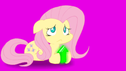 Size: 640x360 | Tagged: safe, artist:welcometoplok, fluttershy, pegasus, pony, g4, :<, animated, blushing, bronybait, cute, eyes closed, female, floppy ears, frown, gif, hnnng, hoof hold, looking at something, looking down, looking up, mare, open mouth, pink background, prone, purple background, reaction image, shy, shyabetes, simple background, solo, stuttering, take this, talking, text, upvote, upvote bait