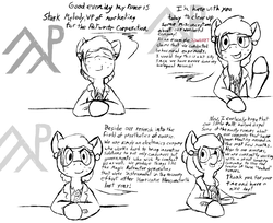 Size: 1200x978 | Tagged: safe, artist:thebathwaterhero, oc, oc only, oc:stark melody, pony, cyoa:semantic error, corperation, cyberpunk, cyoa, female, mare, patwrite, question and answer, solo