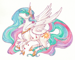 Size: 900x720 | Tagged: safe, artist:gerbilfat, princess celestia, alicorn, pony, g4, crown, eyes closed, female, jewelry, necklace, regalia, simple background, solo, spread wings, traditional art, white background, wings