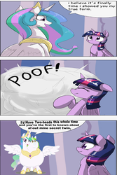 Size: 3457x5169 | Tagged: source needed, useless source url, safe, artist:otakuap edit, artist:theunknowenone1, princess celestia, twilight sparkle, alicorn, pony, g4, 3 panel comic, absurd resolution, celestia's true form, chubbylestia, comic, conjoined, conjoined twins, dialogue, fat, female, mare, multiple heads, not salmon, plot twist, poof, speech bubble, transformation, twilight sparkle (alicorn), twin, two heads, wat, wtf