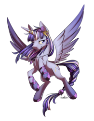 Size: 1024x1312 | Tagged: safe, artist:moenkin, oc, oc only, oc:cassiopee, alicorn, pony, alicorn oc, female, lidded eyes, mare, rearing, simple background, smiling, solo, spread wings, transparent background, wings