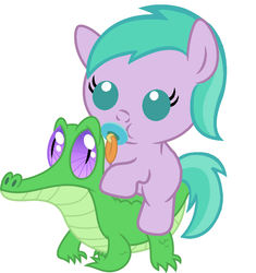 Size: 886x942 | Tagged: safe, artist:red4567, aura (g4), gummy, pony, g4, aurabetes, baby, baby pony, cute, pacifier, ponies riding gators, riding