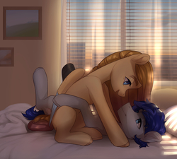 Size: 1280x1150 | Tagged: safe, artist:aphphphphp, oc, oc only, pegasus, pony, bed, colored wings, colored wingtips, duo, eye contact, female, looking at each other, male, mare, stallion