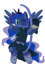 Size: 744x1073 | Tagged: safe, artist:wolyro pegasus, princess luna, alicorn, pony, g4, aiming, archer, arrow, bipedal, bow (weapon), bow and arrow, clothes, cute, female, lunabetes, one eye closed, simple background, solo, transparent background, tunic, weapon