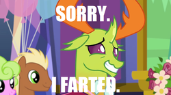 Size: 843x468 | Tagged: safe, edit, edited screencap, screencap, daisy, flower wishes, meadow song, thorax, changedling, changeling, pony, celestial advice, g4, caption, cute, embarrassed, image macro, implied farting, king thorax, meme, more fun than it sounds, text, thorabetes