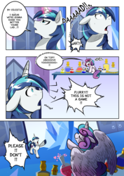 Size: 2480x3507 | Tagged: safe, artist:dormin-dim, princess flurry heart, shining armor, alicorn, pony, unicorn, comic:chaotic wings, g4, blatant aliasing, comic, cute, dialogue, eyes closed, father and daughter, female, filly, glowing horn, high res, horn, male, shelf, smiling, speech bubble, stallion, waving, worried