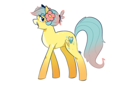 Size: 1723x1200 | Tagged: safe, artist:waackery, oc, oc only, oc:spongy spong, earth pony, pony, earth pony oc, female, flower, flower in hair, mare, open mouth, signature, simple background, smiling, solo, transparent background