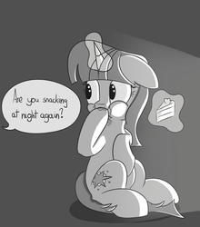 Size: 800x908 | Tagged: safe, artist:andelai, twilight sparkle, g4, cake, female, food, grayscale, monochrome, offscreen character, simple background, sitting, solo, speech bubble, this will end in weight gain