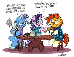 Size: 2048x1588 | Tagged: safe, artist:bobthedalek, starlight glimmer, sunburst, trixie, pony, unicorn, all bottled up, g4, bathrobe, bed mane, breakfast, clothes, cup, female, implied starburst, inconvenient trixie, male, mare, morning ponies, newspaper, robe, simple background, spit take, stallion, table, teacup, teapot, trio, white background