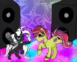 Size: 1037x847 | Tagged: safe, artist:silversthreads, oc, oc only, oc:candy crush, oc:cerys, changeling, earth pony, pony, changeling oc, dancing, duo, female, gift art, mare, rave, white changeling