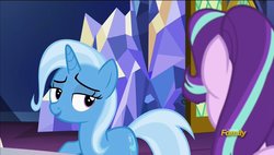 Size: 1920x1090 | Tagged: safe, screencap, starlight glimmer, trixie, pony, all bottled up, g4, discovery family logo, lidded eyes, twilight's castle