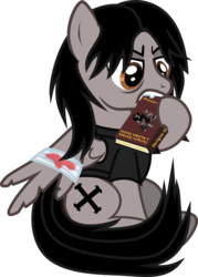Size: 696x969 | Tagged: safe, artist:lightningbolt, derpibooru exclusive, pegasus, pony, g4, .svg available, angry, bandage, bandaged wing, biting, blood, book, book abuse, broken wing, clothes, emo, fangs, gerard way, hoof hold, injured, male, my chemical romance, ponified, shirt, show accurate, simple background, sitting, solo, stallion, svg, t-shirt, transparent background, vector, wings
