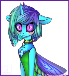 Size: 909x1000 | Tagged: safe, artist:goodammi09, oc, oc only, oc:changeling neon, changedling, changeling, blushing, changeling oc, choker, female, reformed, solo