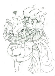 Size: 650x894 | Tagged: safe, artist:kandlin, bon bon, lyra heartstrings, sweetie drops, earth pony, unicorn, anthro, g4, amused, bon bon is amused, bundled up, bundled up for winter, clothes, lineart, lyra is not amused, monochrome, scarf, sketch, traditional art, winter clothes, winter outfit