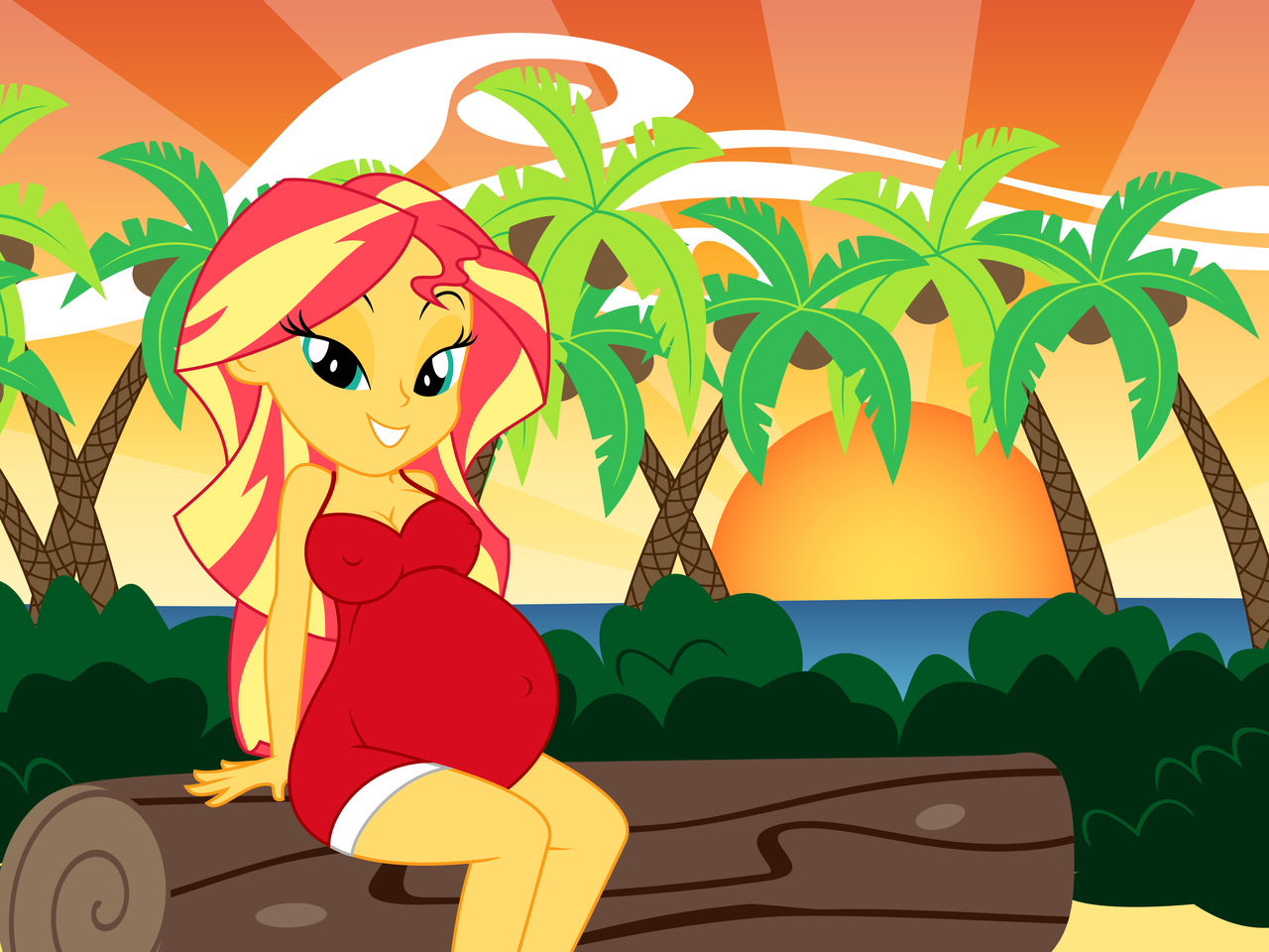 sunset shimmer, human, equestria girls, beach, bedroom eyes, belly, breasts...
